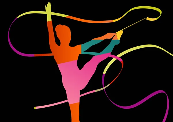 女の子の体操スポーツ体操選手シルエット アクロバット飛行リブ — ストックベクタ