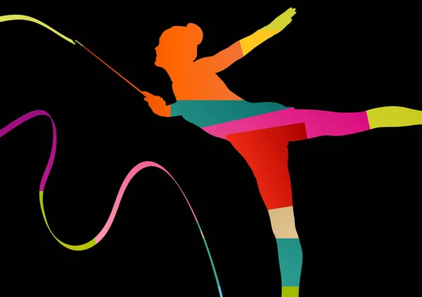 Dívka rozcvičku sportovní gymnastka silueta akrobacie létající žebra — Stockový vektor