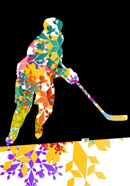 Hockey jugador deporte silueta hecha de hielo copos de nieve vector abs — Vector de stock