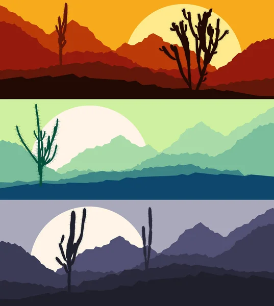 Desert paysage de cactus avec des montagnes et des silhouettes de colline vect — Image vectorielle