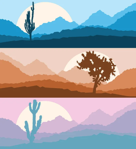 Desert paysage de cactus avec des montagnes et des silhouettes de colline vect — Image vectorielle