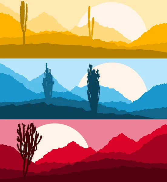 Desierto cactus paisaje con montañas y siluetas de la colina vect — Vector de stock