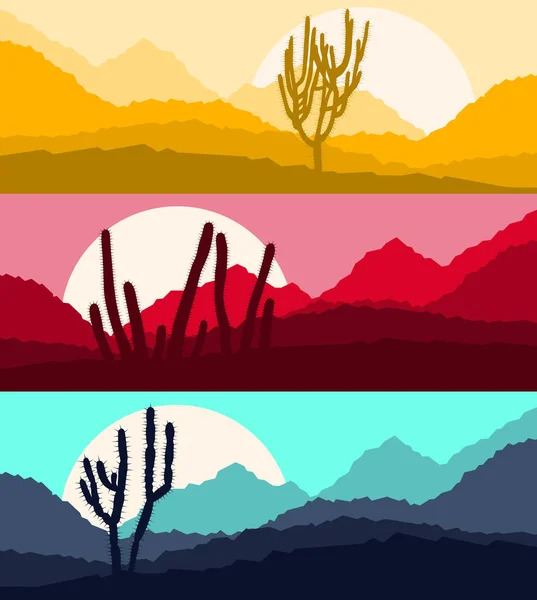 Desert paysage de cactus avec des montagnes et des silhouettes de colline vect — Image vectorielle