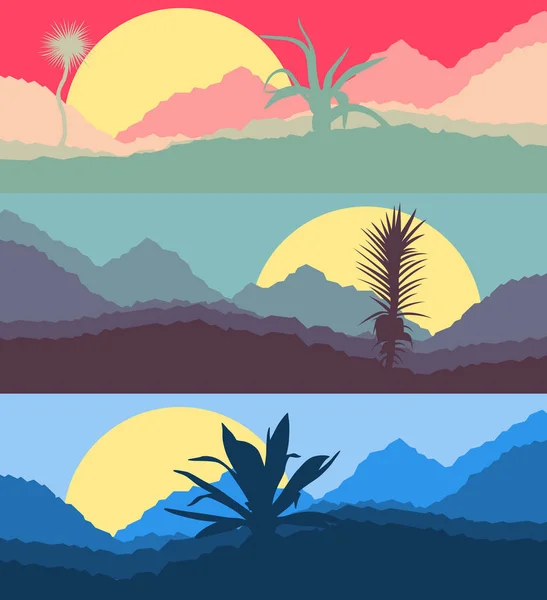 Desert paysage de cactus avec des montagnes et des silhouettes de colline vect — Image vectorielle