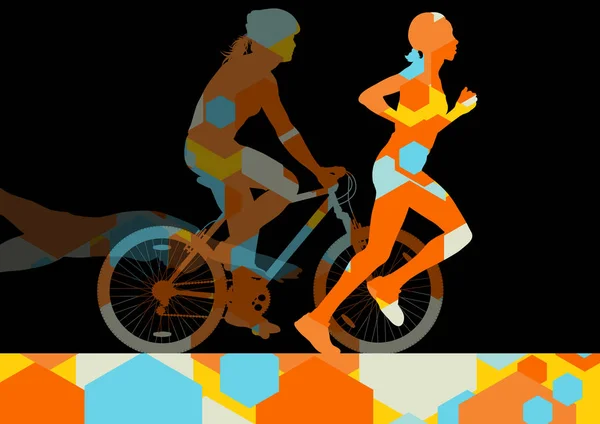 Maratón de triatlón mujeres jóvenes activas nadando en bicicleta y runni — Vector de stock