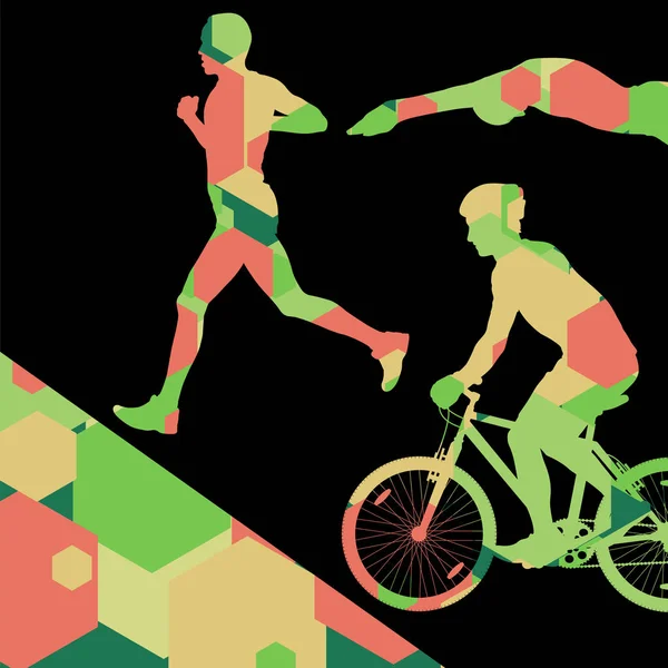 铁人三项赛马拉松活动青年男子游泳骑自行车和跑步 — 图库矢量图片