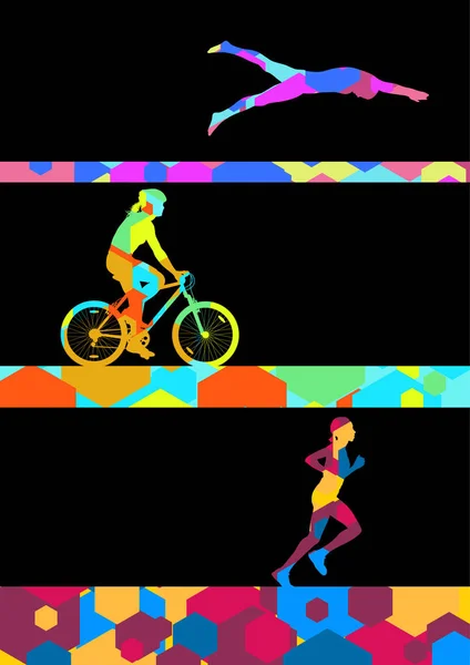 Triathlon marathon active young women swimming cycling and runni — Stock Vector