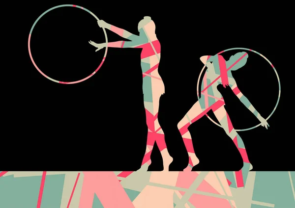 Meisje gymnastiek sport gymnast silhouet met draaiende ring in — Stockvector