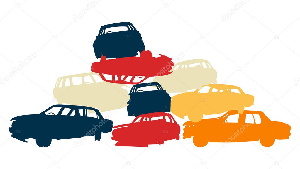 Damaged car pile in wrecking yard colorful vector background iso