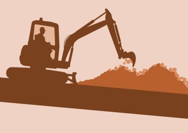 İnşaatta çalışan kabin içinde işçi ile Mini ekskavatör 