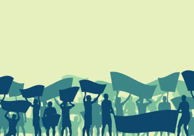 Protesto insanlar kalabalık ve kırık araba siluet vektör arka plan