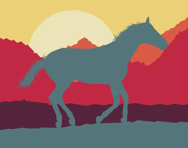 Horse wild mountain landscape with sunset vector — Stock Vector