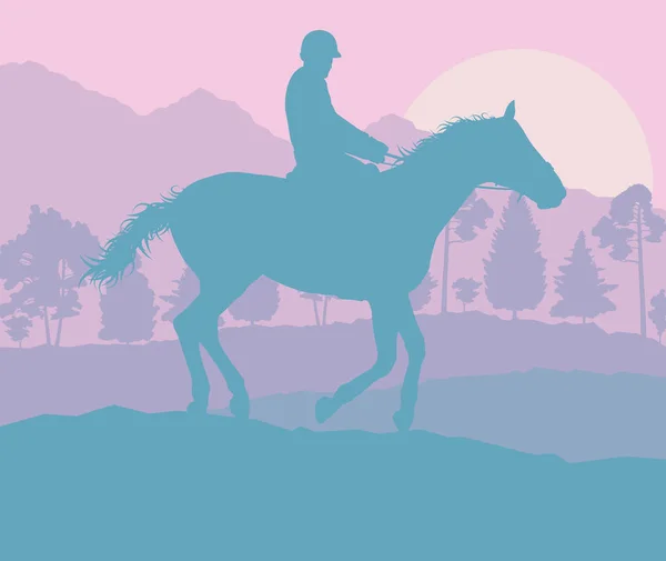 夕日ベクトル表現と馬ライダーと森の木の風景 — ストックベクタ
