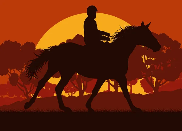 夕日ベクトル表現と馬ライダーと森の木の風景 — ストックベクタ
