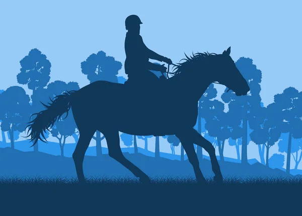 Caballo jinete y árboles forestales paisaje con puesta de sol vector backgr — Vector de stock