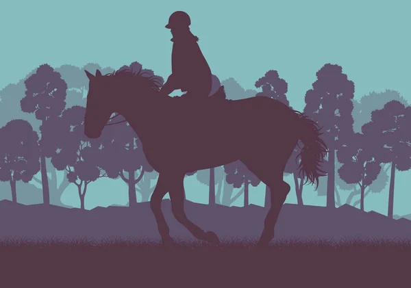 Koně jezdce a lesní stromy krajina s červánky vektorové pozadí — Stockový vektor