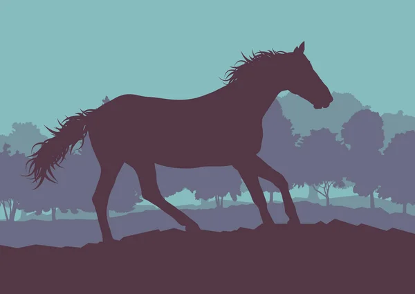 Caballo bosque salvaje árboles paisaje con puesta de sol vector fondo — Archivo Imágenes Vectoriales