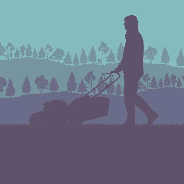 Человек с газонокосилкой стрижет травяной вектор для плаката — стоковый вектор