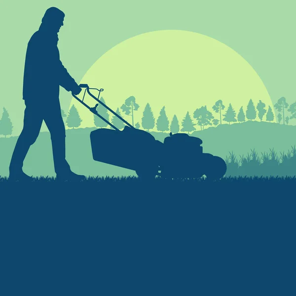 Человек с газонокосилкой стрижет травяной вектор для плаката — стоковый вектор