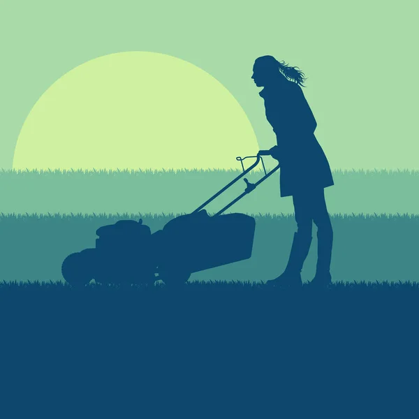 Femme avec tondeuse à gazon coupe vecteur d'herbe — Image vectorielle