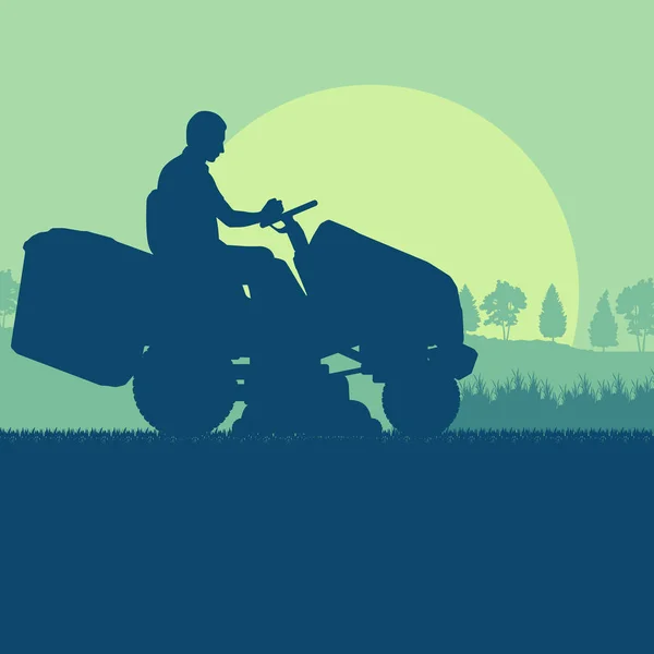 Садовник с газонокосилкой трактор резки травы векторный фон — стоковый вектор