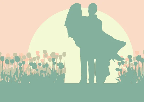 Boda pareja romántico paisaje con novia y novio en tulipán — Vector de stock