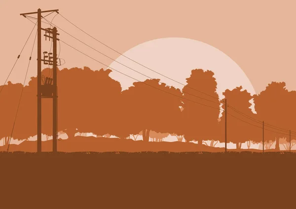 Energy distribution high voltage power line tower sunset landsca — Stock Vector