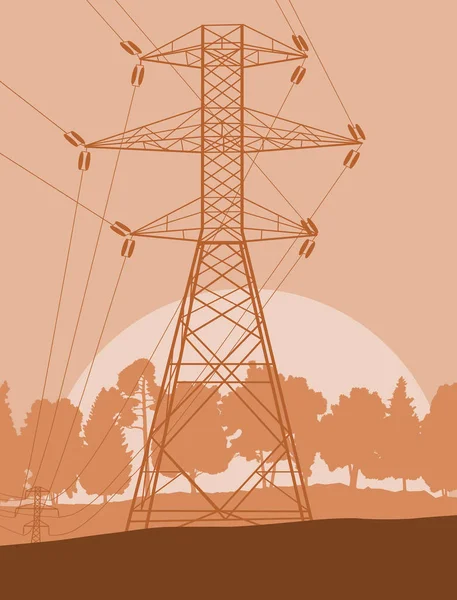 Distribución de energía línea de alta tensión torre puesta del sol landsca — Vector de stock