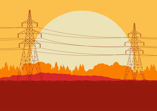 Energie verdeling hoogspanning macht lijn toren zonsondergang landsca — Stockvector