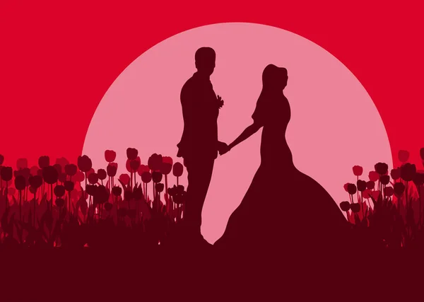 Casamento casal paisagem romântica com noiva e noivo na tulipa — Vetor de Stock