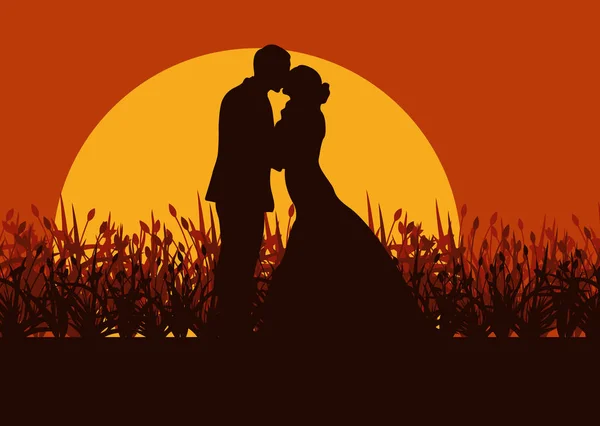 Boda pareja romántico paisaje con novia y novio en tulipán — Vector de stock
