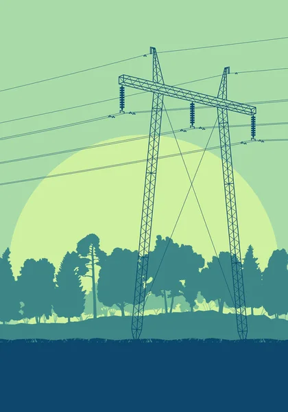 Energieverteilung Hochspannungsfreileitung Turm Sonnenuntergang Landschaft — Stockvektor