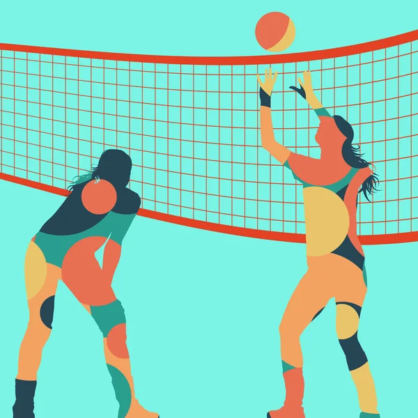 Activa joven voleibol jugador siluetas deportivas en abstra — Vector de stock