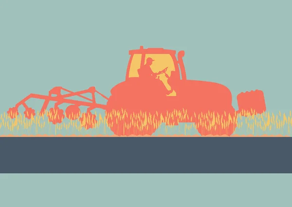 Tractor arando y cultivando vector de campo de suelo — Vector de stock