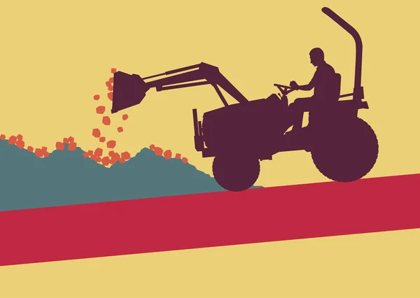 Tractor de granja con trabajador dentro de la cabina trabajando en vector de campo — Vector de stock