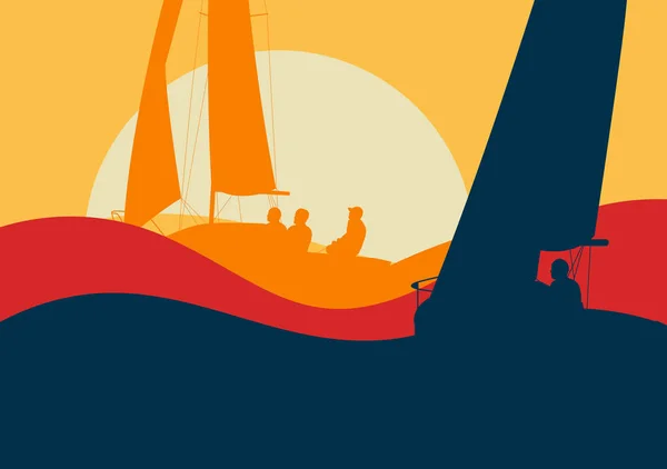 Båtar seglar regatta ocean landskap med solnedgång — Stock vektor