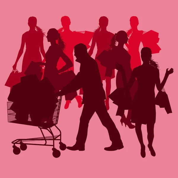 Mujer con bolsas de compras de pie vector feliz — Vector de stock