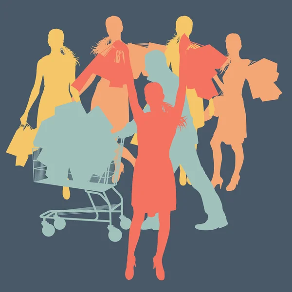 Mujer con bolsas de compras de pie vector feliz — Vector de stock