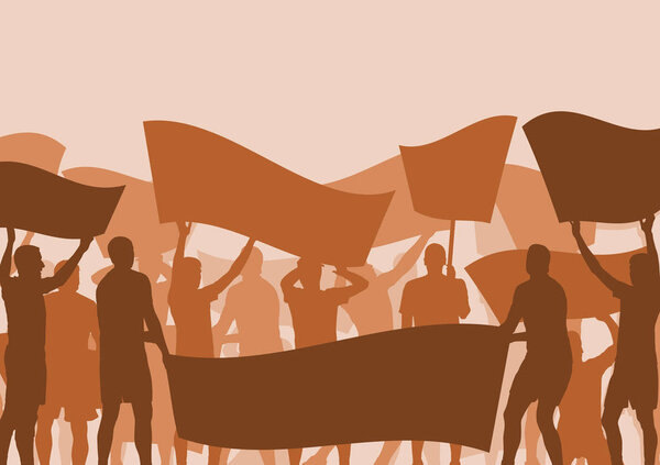 Protest people crowd and broken car silhouette vector background