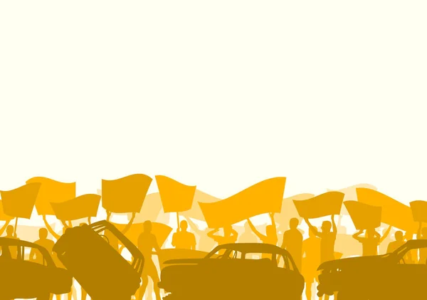 Protest mensen menigte en gebroken auto silhouet vector achtergrond — Stockvector