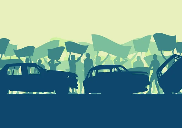 Manifestation foule et voiture cassée silhouette arrière-plan vectoriel — Image vectorielle