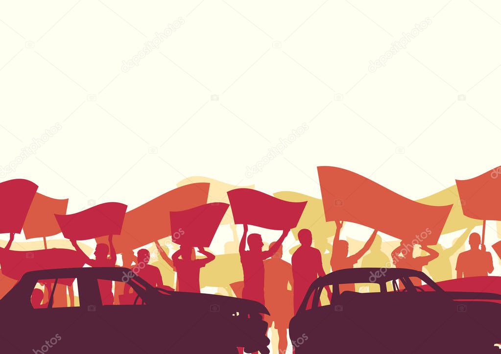 Protest people crowd and broken car silhouette vector background
