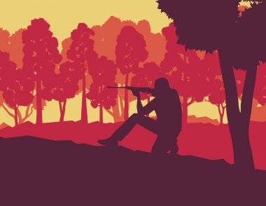 Hunter Orman ağaçları manzara vektör ile silahlı