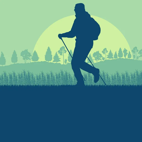 Nordic caminar hombre paisaje con árboles forestales vector — Vector de stock
