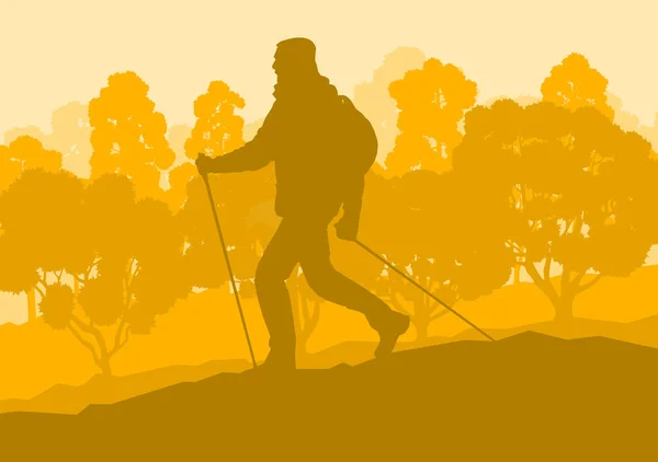 Nordic caminar hombre paisaje con árboles forestales vector — Archivo Imágenes Vectoriales