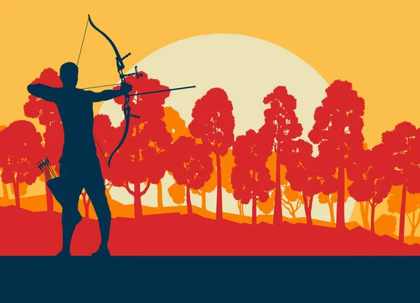 Archer hombre con arco de entrenamiento al aire libre en frente de los árboles forestales ve — Vector de stock