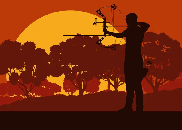 Archer homme avec arc entraînement en plein air en face des arbres forestiers ve — Image vectorielle