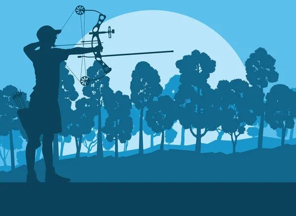 Стрелок с луком на открытом воздухе тренировки перед лесными деревьями ве — стоковый вектор