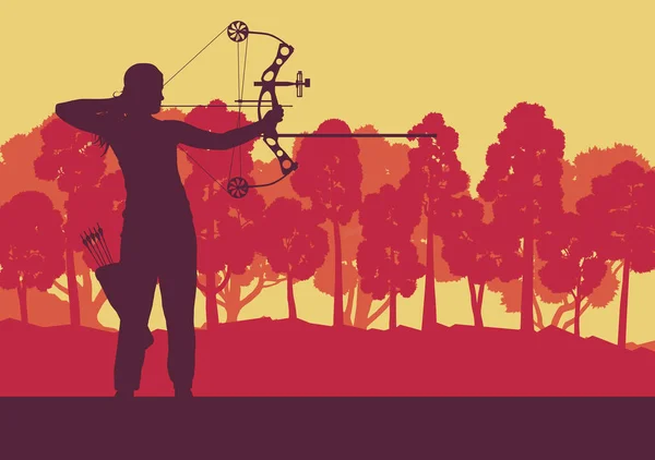 Archer muž s lukem venkovní trénink před lesní stromy ve — Stockový vektor