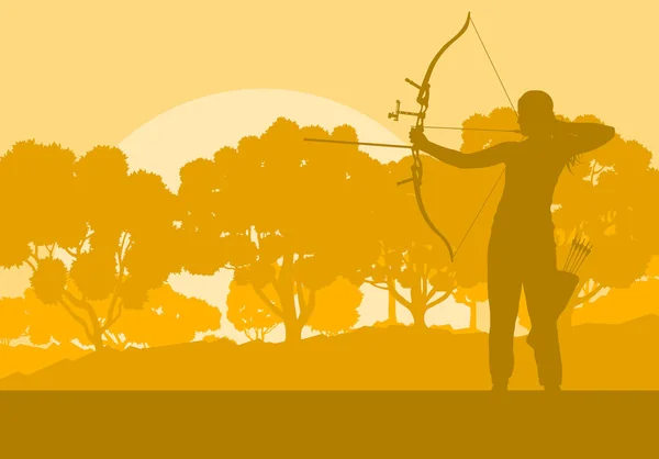Archer hombre con arco de entrenamiento al aire libre en frente de los árboles forestales ve — Vector de stock